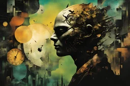 Time collapses in on itself engulfing the vain pursuits of the insane, neo surrealism, striking, atmospheric, dreamlike, in the graphic novel style of Dave McKean, stylish, vibrant colors, asymmetric, disjointed, non linear, photographic collage, painterly