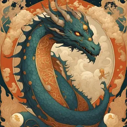 Bordered digital illustration of a Dragon Emperor by Victo Ngai. Art nouveau, Tarot card, Hanafuda.behance contest winner. High quality, masterpiece.