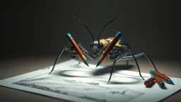 7428. Robot insect drawing a picture, holding six gel-pens in its six hands, drawing a beautiful landscape using four pens, one pen in each hand. The picture is almost finished. Artistic, beautiful lighting, attractive composition, photorealistic, extremely detailed, chiaroscuro, rule of thirds