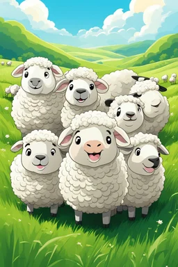 create an image with 4 cute sheep with the typography, happy face "sheep of faith", 2d, cartoon style, chibbi, kawai, a green field and blue sky in the background