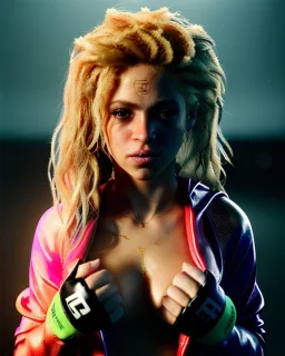 portrait, Shakira, blonde artist, angry, Realistic image, MMA robe, hoodie, mma gloves, loose long hair, eyes make up, gold make up, moisture sweat, fog, Neon colors, leds. Dark background, photo studio, concept art, smooth, unreal engine 5, god lights, ray tracing, RTX, lumen lighting, ultra detail, volumetric lighting, 3d, finely drawn, high definition, 4k.