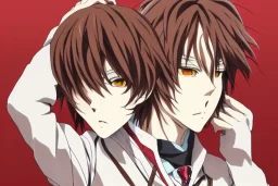 Detailed pretty anime boy, brown hair with blonde strips, keep head in frame, headshot, glaring, brown eyes, covered in bandages, looking serious, illustration, digital painting, only one character, color scheme red, wearing many bandages, Osamu Dazai inspired, anime inspired, manga, dazai, red hair, Chuuya, pretty, scruffy, angry, brooding, manga inspired, small nose, long lower eyelashes, handsome, widows peak, headshot, glaring, cute, wearing a bandage on neck, small nose, scruffy hair