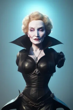 Marlene Dietrich as evil queen in black leather, leather, busty, cleavage, angry, stern look. character design by cory loftis, fenghua zhong, ryohei hase, ismail inceoglu and ruan jia. unreal engine 5, artistic lighting, highly detailed, photorealistic, fantasy