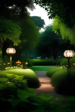 Background with subtle lights, lamps, in a colorful garden in the dusk, should have trees, greens, minimal, elegant.