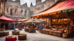 An ancient market square, bustling with activity, where merchants sell magical artifacts and mythical creatures. The stalls are decorated with vibrant tapestries, and the air is filled with the scent of exotic spices and the sound of mystical music. Award-winning photograph, 80mm focal length, rule of thirds.