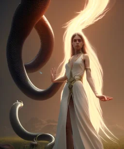 Holy Virgin, celestial light, beautiful, long fabric dress, beautiful long black hair to the waist, big snake around body, grabbing snake, head and shoulders portrait, 8k resolution concept art portrait by Greg Rutkowski, Unreal Engine 5 volumetric lighting