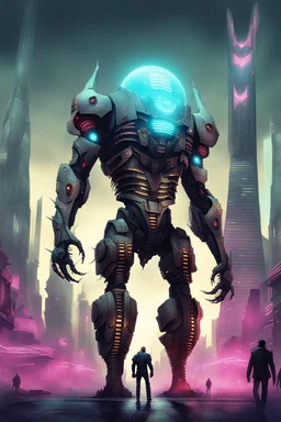 cities of the future cyberpunk in the center of the monster stands on its hind legs