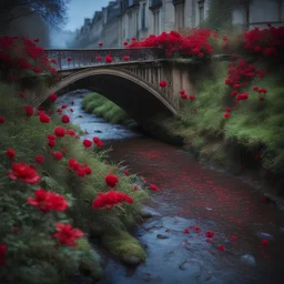 Macro shot of a bridge over a stream, red flowers on the bank, Paris 1900, high level of detail, rainy night