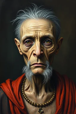 Busch painting style nightmare, an Egyptian old man, her skin texture made of grey dog hair Webber , she is without hair
