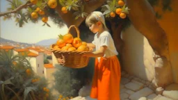 Neoclassicism child picking oranges from a tree realistic cote d'azur