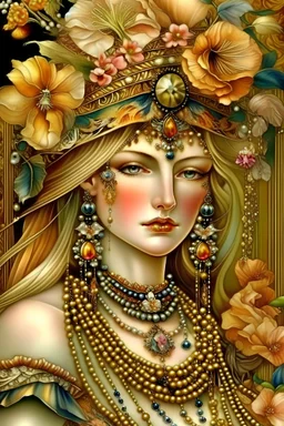 Beautiful face Madonna with árt Nouveau style tiger lily flower, firelilies pearls liliflower, a hat and. Rose quartz beads colour gradient, Golden dust patina ornate headdress wearing árt Nouveau style floral lily and pearl lace ornate and gold chain effect ed costume organic bio spinal ribbed detail of full árt Nouveau floral background