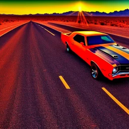 muscle car, desert road, sunset, full colour,