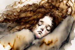 Small girl with long curly brown hair sleeping in god's hand watercolor and ink, golden patina, glitters in ochre, backlit, mist and fog