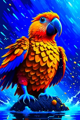 Generate an full body image of a parrot has a magma objects in the background and ocean objects in the background objects with an anime animal style.On Canvas, Brush Strokes, Smooth, Ultra High Definition, 8k, Unreal Engine 5, Ultra Sharp Focus, Intricate Artwork Masterpiece, Ominous, Golden Ratio, Highly Detailed, photo, poster, fashion, illustration