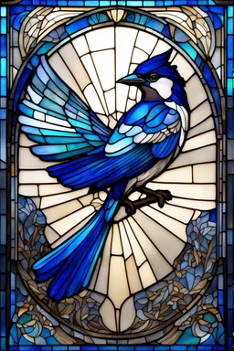 vitrail d'un geai bleu ailes déployées art déco d'après mucha