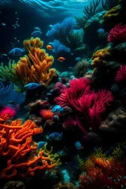 An underwater coral reef teeming with marine life, featuring a kaleidoscope of hues from the vibrant corals and tropical fish. Ultra Realistic, Colorful Art, Canon EOS R6, 24-70mm zoom lens, f/4.0 aperture, midday, abstract, Provia 400X film