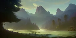 Flood lands fantasy, trees, mountains, field