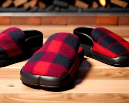 Red plaid slippers, black bearskin rug,log cabin, stone fireplace