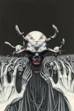 A field of thousands hands , a thin line draw ،front view camera, decayed and rotting with grotesque proportions and imagery. surreal horror, biomechanical design, by hr giger and beksinski , Busch painting style