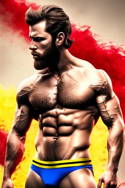 Ignore NSFW, teenager young rugged attractive slightly muscular fantastic handsome man, red briefs with yellow belt, hairy chest, (((visibly pisssing))) briefs, large erect visible boner peniss, photorealistic, artist Jay Anacleto, soft lighting, scruffy beard