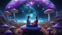 beautiful women sitting without bro meditating on blue, purple mushroom in space, vegetable plantations in domes, colonization of the planet,