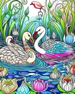 Stylized couple of two swans among lotus flowers (water lilies) and pond plants. Freehand sketch for adult anti stress coloring book cover,, colorful page, cooler background, perfect composition, beautiful detailed intricate insanely detailed octane render trending on artstation, photorealistic, soft natural volumetric cinematic perfect light, chiaroscuro, masterpiece, oil on canvas, raphael, caravaggio, greg rutkowski, beeple, beksinski, giger, black and white still, digital Art, perfect coloer