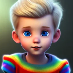 front close up view of cute little blond boy, blue eyes with pixar style, background rainbow