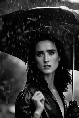 Beautiful 25 year-old Jennifer Connelly standing outside in a rain shower with no rain-coat, umbrella, or hat, with her head tilted up to the sky, her tongue sticking out and catching raindrops