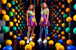 beautiful lady with todays modern clothing and sport shoes, in surreal stage made of fractal random size spheres with helical strip colors in clothing similar to environment full body posing to camera,animating background metallic random color cubes