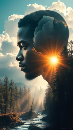 portrait of a black man Double exposure surreal digital art of a mysterious , his face in profile, blending seamlessly into the shape of the clouds . a magical forest scene unfolds, illuminated by golden light rays, with tall trees and a flowing river.