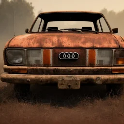 an Audi 80 rust 2-door overgrown by with dust ,ultra realistic,concept, 4k ,on street,8k resolution, high-quality, fine-detail, parked in crowded city winter