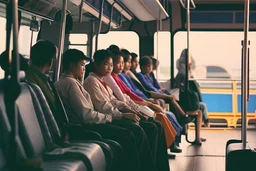 viajeros en el autobús urbano, fotografía realista, realizada con una cámra Fuji y un objetivo de 35 mm, atardecer