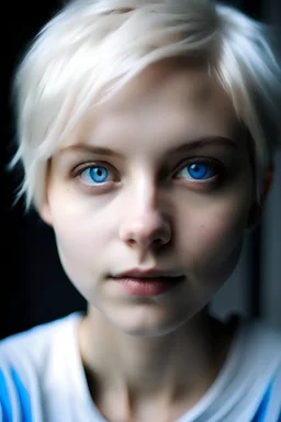 A girl in her late twenties, with slightly sharp features, short white hair and blue eyes