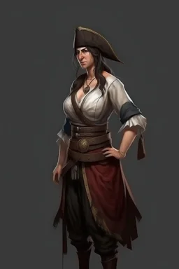 pirate woman with -cut dress leaning against the wall, realistic style, full figure