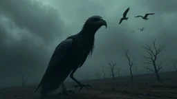 close in center weird crepy bird creature and and far away on sky different small dark crepy birds surreal thriller vibe trees in alternative surreal barren, dry, gloomy world, nightmare in abyss, deep vortex, black, gray, purple, brown, silver, dark red colors, surreal, weird dark fantasy, deep dark colors, sharp lines, crepy stunning, high detalied, weird, fog, shadows, realistic, surreal, highly detailed, melancholic thriller mood