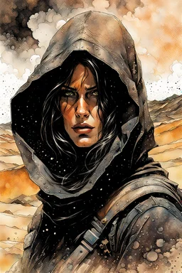 create an ink wash and watercolor, fine art print full body portrait illustration of a rugged gritty, roughly textured, hooded, black clad and dusty Fremen female mercenary with highly detailed feminine facial features, amidst the billowing desert storms of Arrakis, in the comic book art style of Bill Sienkiewicz, and Jean Giraud Moebius, finely textured, drawn, colored, and inked,