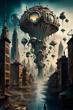 a stunningly weird image of a futuristic metropolis using Salvador Dali's paranoiac-critical method, where buildings and structures appear to melt into the skyline cityscape is filled with floating medusas and mad, twisted metal shapes that interact with the buildings and each other, forming a surreal tableau of a dreamlike reality. neu-steampunk vibe, essence of the scene in a cinematic manner, with dramatic shadows that enhance the distorted perspectives and bizarre mood