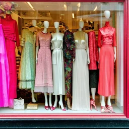 A shop window with women's fashion all bright and delicate colors