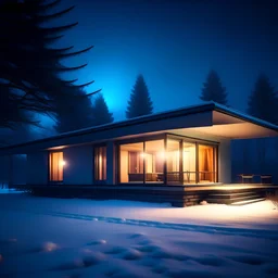 analog film style - small front elevation of a centered mid googie house centered in a landscape at night lit by ambient twilight. The house is dimly cool lit from the inside, casting a soft glow on the fresh snow around it. The background features tall, icy trees shrouded in a gentle twilight, with subtle hints of snow falling silently. The scene is quiet and still, evoking a sense of liminal isolation in the midst of a cold winter's evening. the landscape in the forground is just a snowy plain