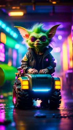 portrait of Hairy Gremlin myth buster pimp ninja yoga cyber punk in flying hipster lawn tractor parked in dark neon lit reflective misty wet arcade hall tunnel,bokeh like f/0.8, tilt-shift lens 8k, high detail, smooth render, down-light, unreal engine, prize winning