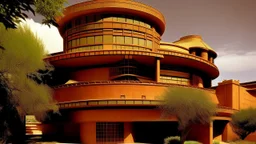 An orangish brown kingdom with an auditorium painted by Frank Lloyd Wright