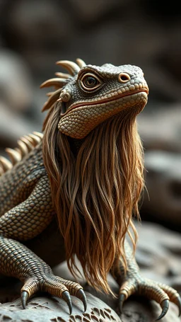 Lizard with human look face and long hair and beard looks like an ancient Sumerian gods