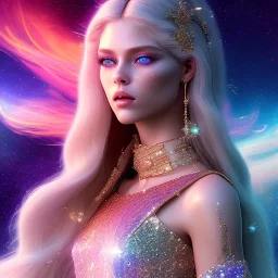 white woman long blond hair blue eyes glitter in a galactic ambiance, delicate colors in the foreground, full of details, smooth, light effect，vaporwave colorful, smooth, extremely sharp detail, finely tuned detail, ultra high definition, 8 k, unreal engine 5, ultra sharp focus