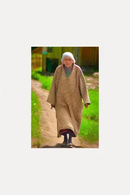 old russian woman outside of her shack on a mountain