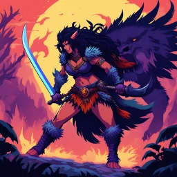 [psychedelic pixel illustration by Jannell Jaquays with Verve colour palette] Shaya Bloodfang, a fierce barbarian of the untamed wilds, charges into battle with unmatched ferocity. Armed with her blade and the instincts of a predator, she fights not just for survival but for vengeance. With a monstrous fiend on her trail, she faces her fate head-on, embodying the relentless spirit of the wild.