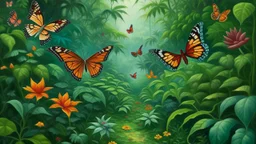 A colorful tropical forest scene with lush foliage , vibrant flowers , and two monarch butterflies in flight