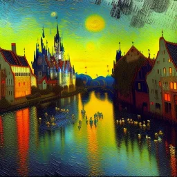 Drawing in oil of medieval city river, clouds, ducks swimming , sunset, fantasy 8k by Van Gogh