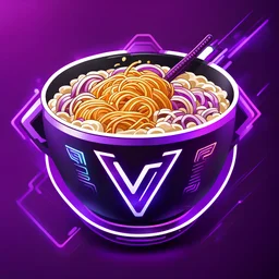 cybernetic ramen bowl. Letter V on the cup. perfect logo for a cyberpunk video game. purples.