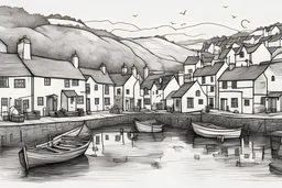 English fishing village thin light sketchy light hb pencil line art minimalist outlines