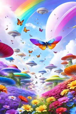 colors, very beautiful, ,flowers garden,rainbow, cité très futuriste ultra moderne, ufos fleet, rainbow intergalactic, birds, butterfly